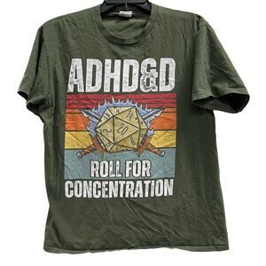 ADHD&D Roll for Concentration" graphic t-shirt green grunge thrashed SZ M